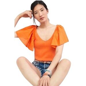 Maeve by Anthropologie Orange Ribbed V-Neck Flutter Sleeve Top